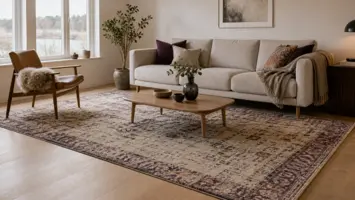 Stort mønstret gulvteppe som samler sofa, lenestol og salongbord i en lys stue