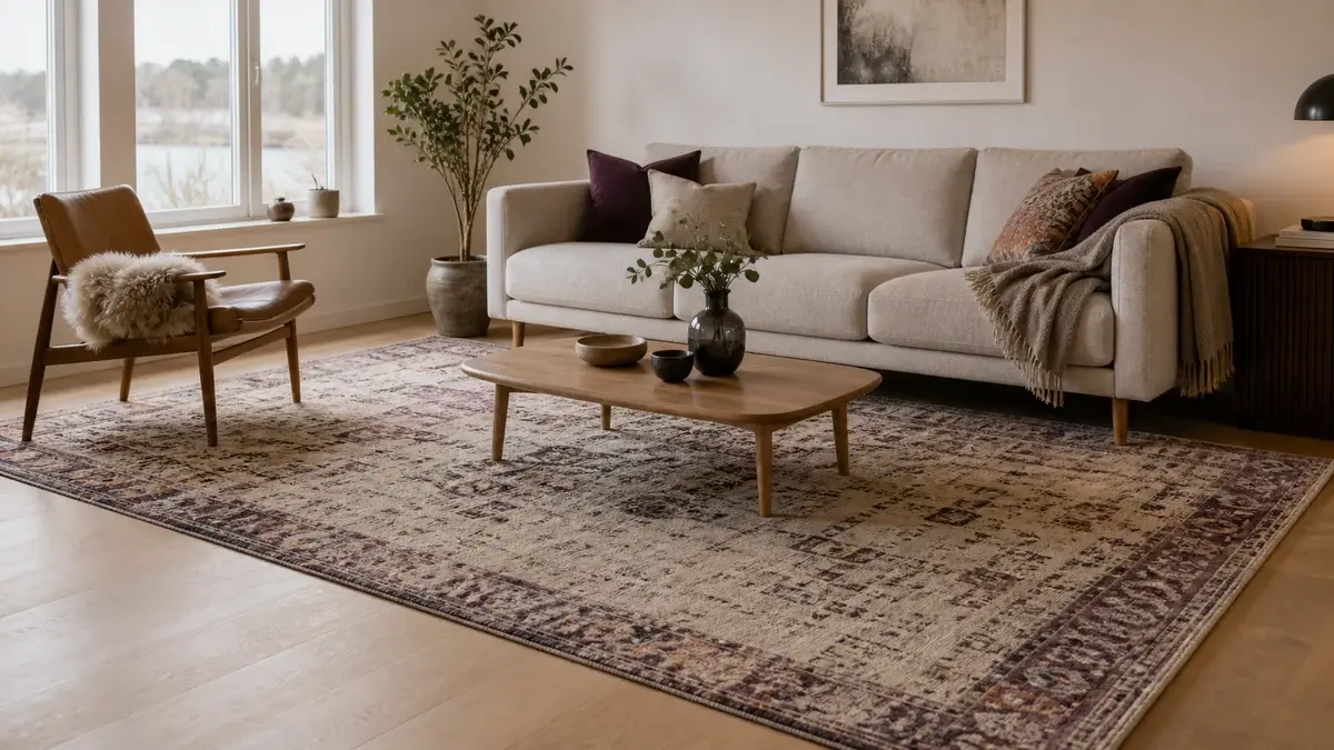 Stort mønstret gulvteppe som samler sofa, lenestol og salongbord i en lys stue