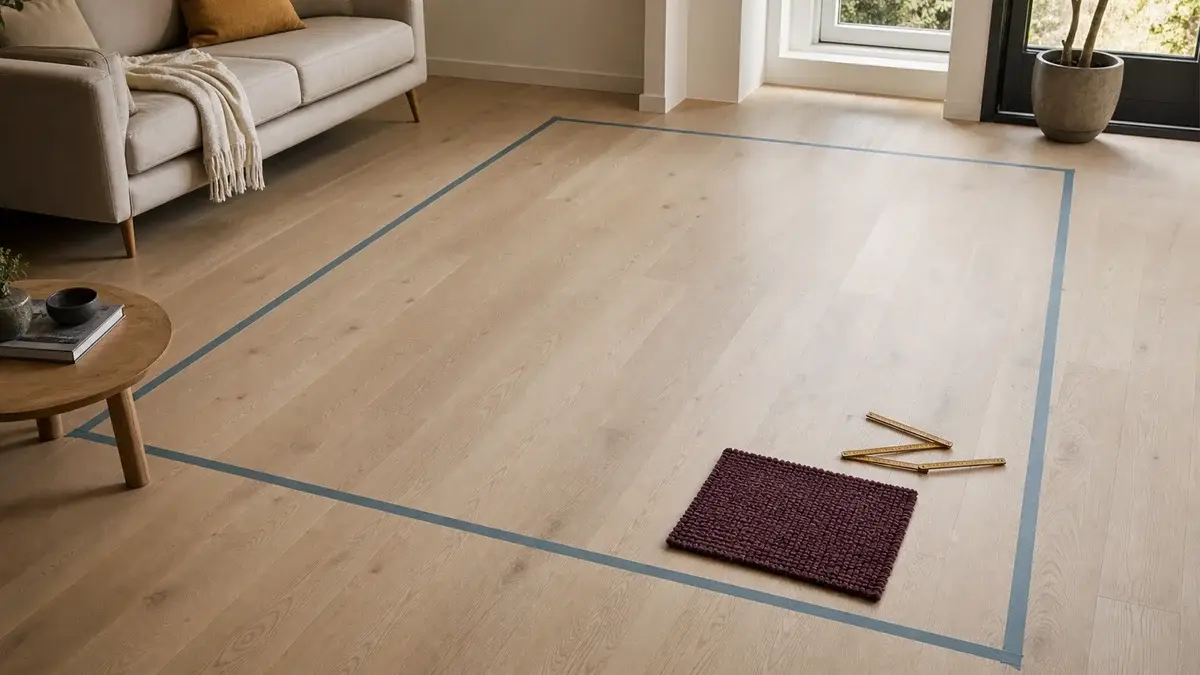 Stort teppeformat markert med petrolfarget tape på et lyst tregulv ved sofa, målestokk og auberginefarget teppeprøve